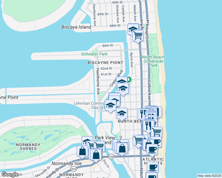 map of restaurants, bars, coffee shops, grocery stores, and more near 7915 Crespi Boulevard in Miami Beach