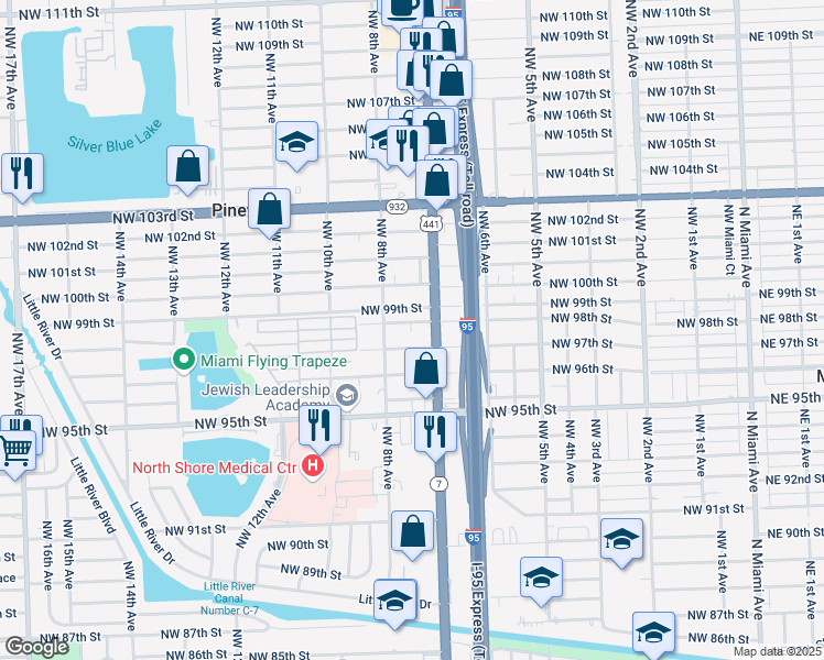 map of restaurants, bars, coffee shops, grocery stores, and more near 755 Northwest 97th Street in Miami