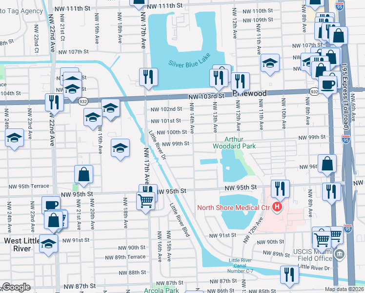 map of restaurants, bars, coffee shops, grocery stores, and more near 1447 Northwest 98th Street in Miami
