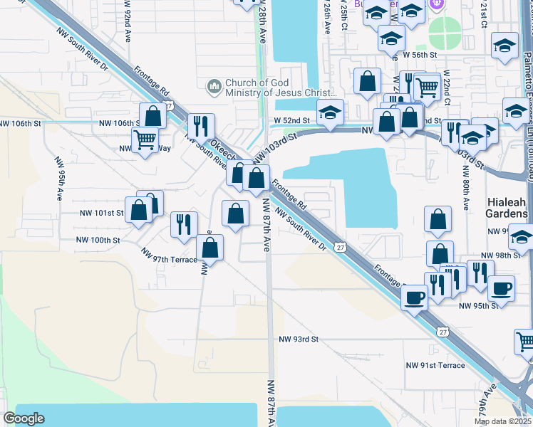 map of restaurants, bars, coffee shops, grocery stores, and more near 10015 Northwest 87th Avenue in Medley