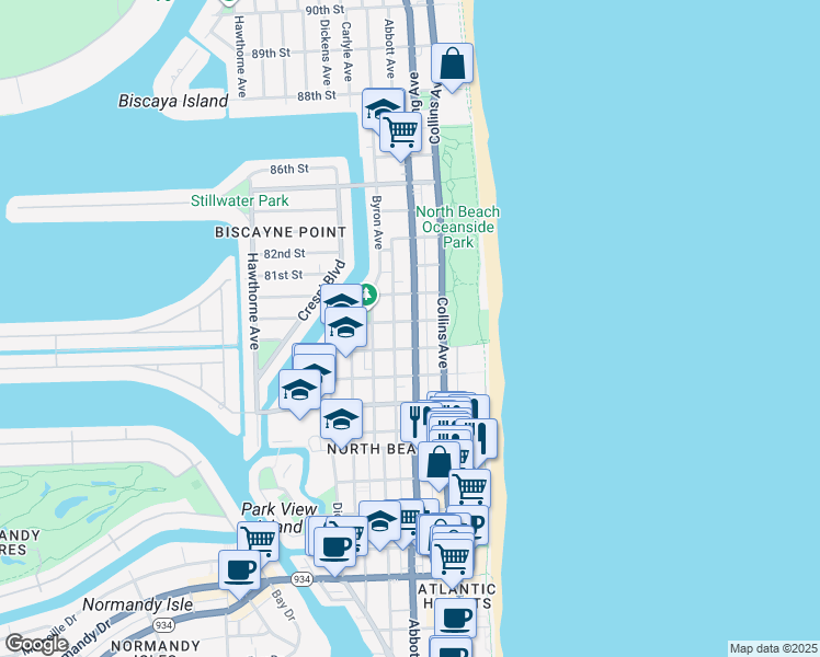 map of restaurants, bars, coffee shops, grocery stores, and more near 7936 Harding Avenue in Miami Beach
