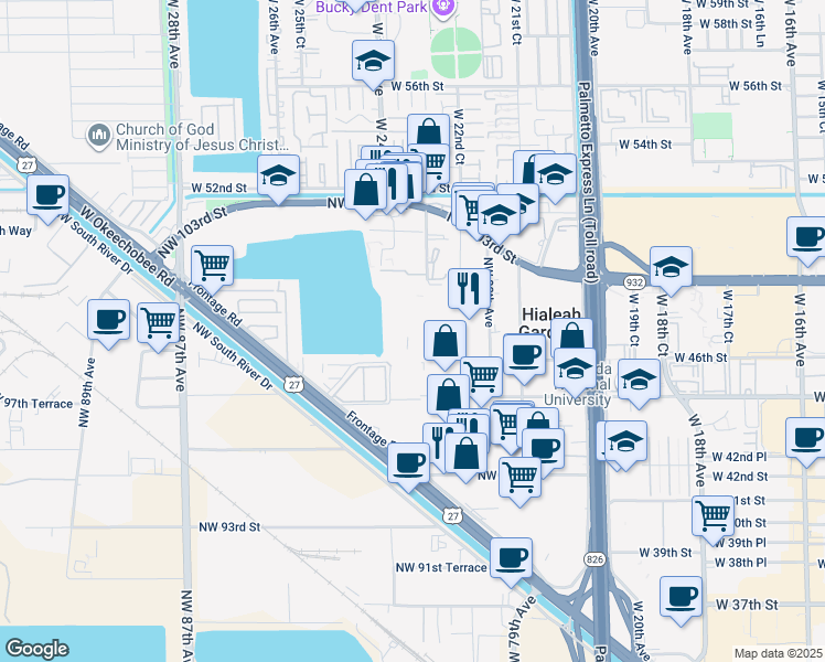 map of restaurants, bars, coffee shops, grocery stores, and more near 9903 Northwest 99th Terrace in Hialeah Gardens
