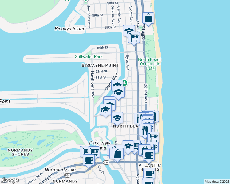 map of restaurants, bars, coffee shops, grocery stores, and more near 7930 Tatum Waterway Drive in Miami Beach