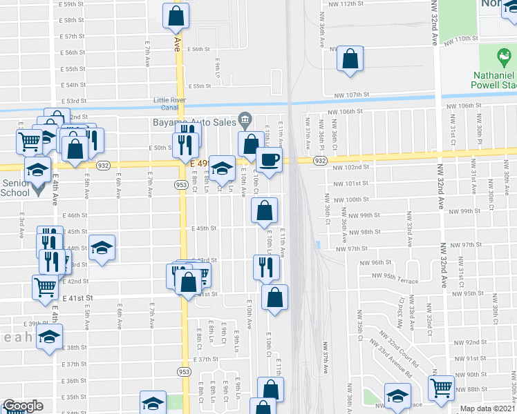 map of restaurants, bars, coffee shops, grocery stores, and more near 4645 East 10th Court in Hialeah