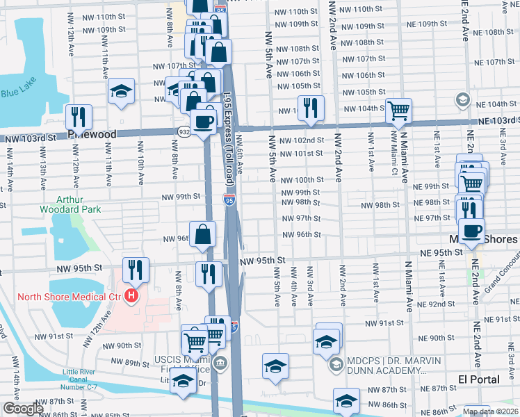 map of restaurants, bars, coffee shops, grocery stores, and more near 535 Northwest 97th Street in Miami