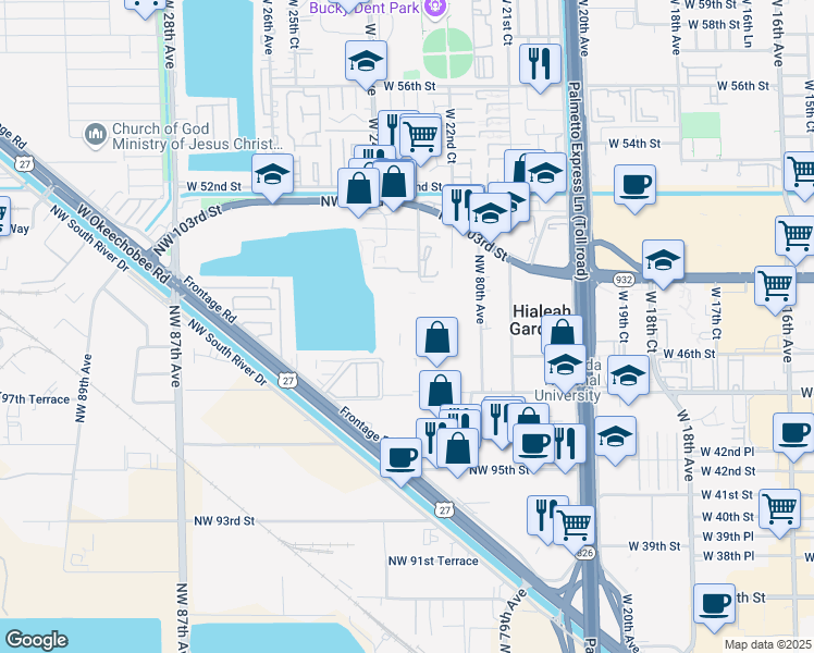 map of restaurants, bars, coffee shops, grocery stores, and more near 9903 Northwest 99th Terrace in Hialeah Gardens