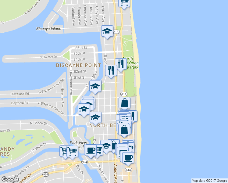 map of restaurants, bars, coffee shops, grocery stores, and more near in Miami Beach