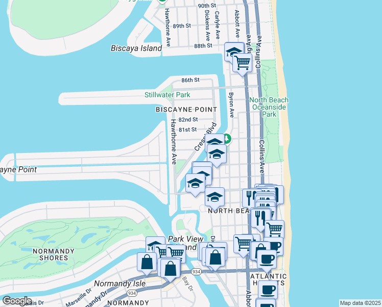 map of restaurants, bars, coffee shops, grocery stores, and more near 7915 Crespi Boulevard in Miami Beach
