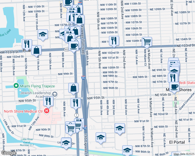 map of restaurants, bars, coffee shops, grocery stores, and more near 535 Northwest 97th Street in Miami