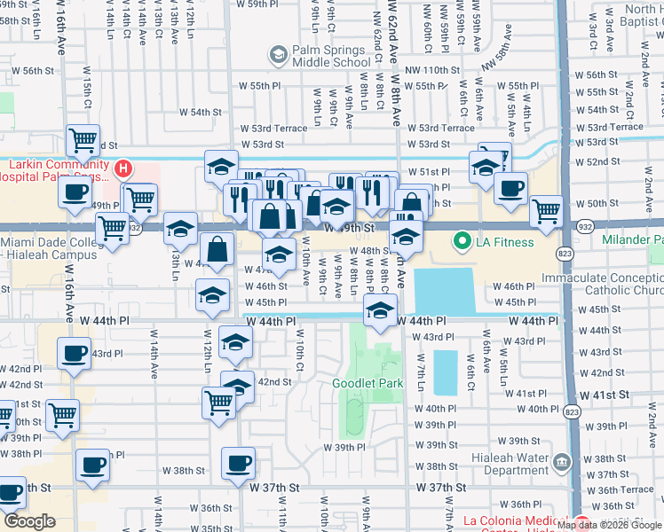 map of restaurants, bars, coffee shops, grocery stores, and more near 4661 West 9th Court in Hialeah