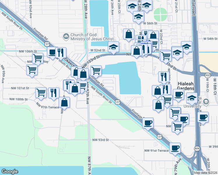 map of restaurants, bars, coffee shops, grocery stores, and more near 1551 West Okeechobee Road in Hialeah