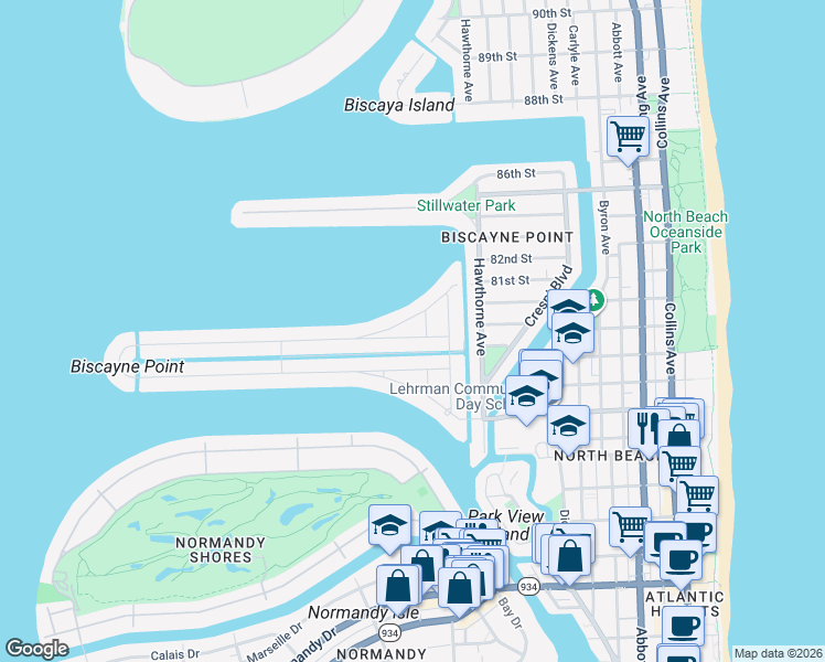 map of restaurants, bars, coffee shops, grocery stores, and more near 1346 Cleveland Road in Miami Beach
