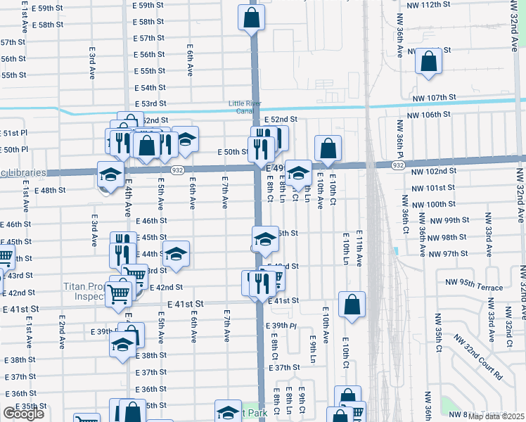 map of restaurants, bars, coffee shops, grocery stores, and more near 4615 East 8th Avenue in Hialeah