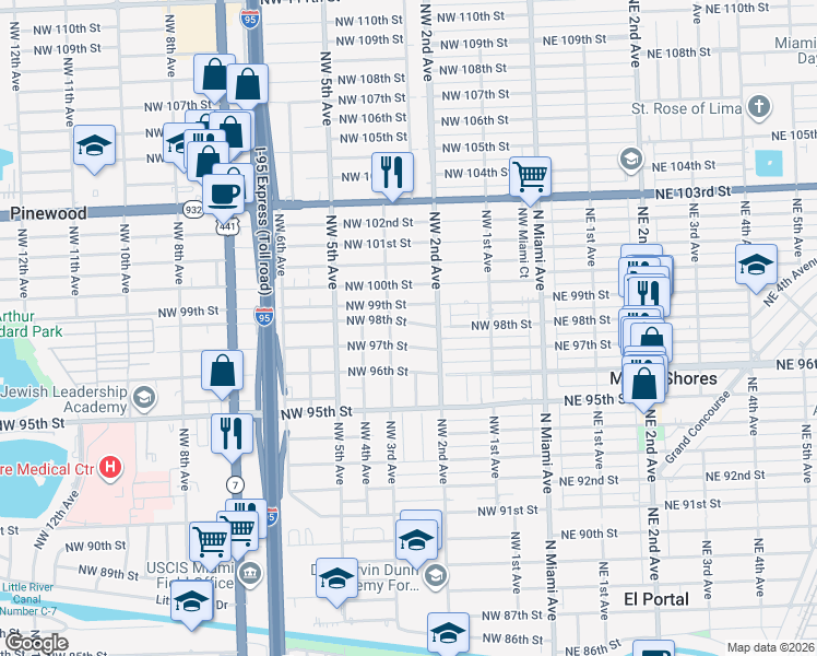 map of restaurants, bars, coffee shops, grocery stores, and more near 297 Northwest 97th Street in Miami