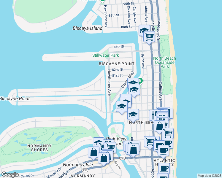 map of restaurants, bars, coffee shops, grocery stores, and more near 7925 Hawthorne Avenue in Miami Beach