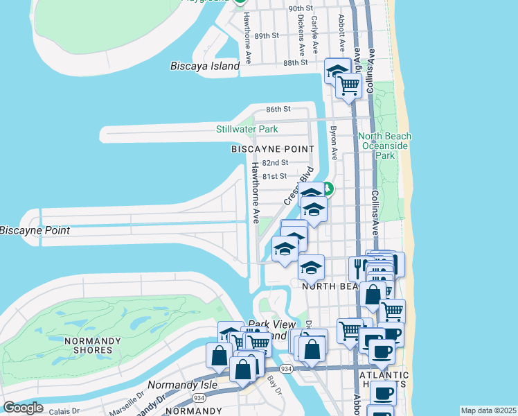 map of restaurants, bars, coffee shops, grocery stores, and more near 7925 Hawthorne Avenue in Miami Beach