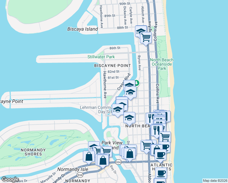 map of restaurants, bars, coffee shops, grocery stores, and more near 926 79th Terrace in Miami Beach