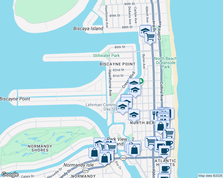 map of restaurants, bars, coffee shops, grocery stores, and more near 1051 79th Street in Miami Beach