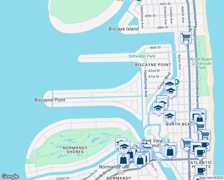 map of restaurants, bars, coffee shops, grocery stores, and more near 1420 Cleveland Road in Miami Beach