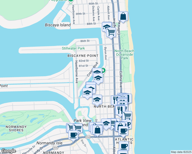 map of restaurants, bars, coffee shops, grocery stores, and more near 7930 Tatum Waterway Drive in Miami Beach