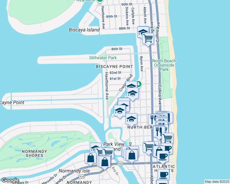 map of restaurants, bars, coffee shops, grocery stores, and more near 7915 Crespi Boulevard in Miami Beach