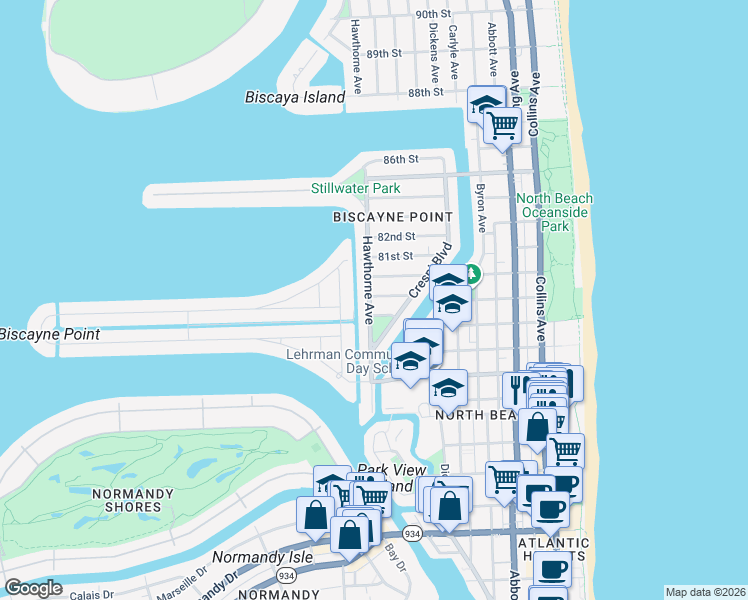 map of restaurants, bars, coffee shops, grocery stores, and more near 1051 79th Street in Miami Beach