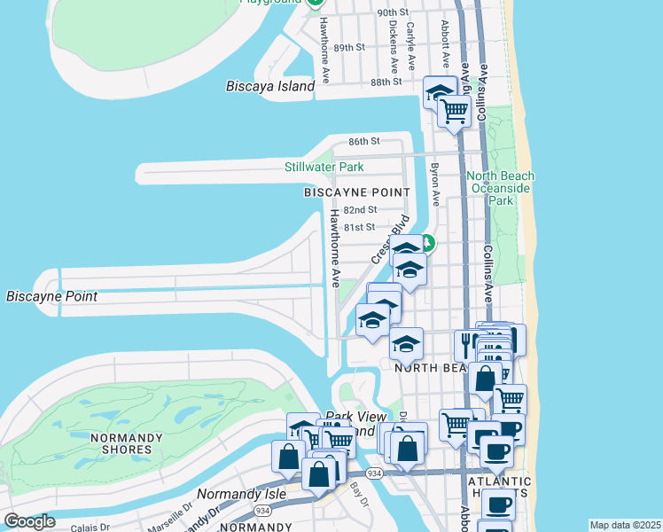 map of restaurants, bars, coffee shops, grocery stores, and more near 7940 Hawthorne Avenue in Miami Beach