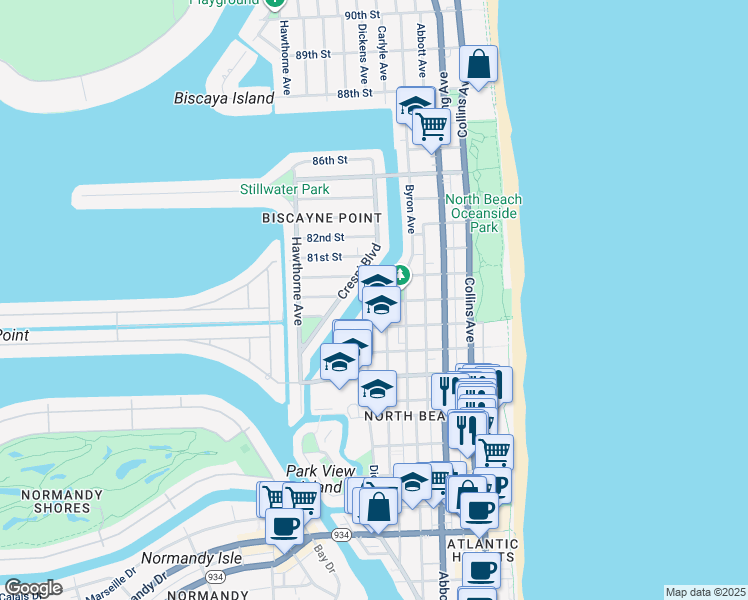 map of restaurants, bars, coffee shops, grocery stores, and more near 7930 Tatum Waterway Drive in Miami Beach