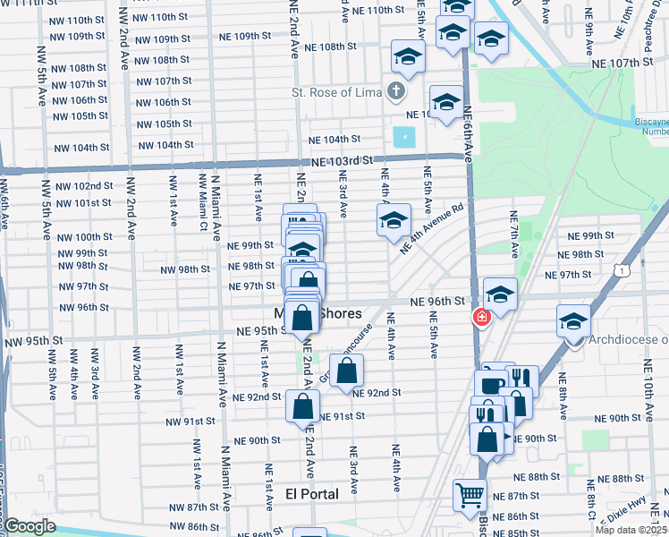 map of restaurants, bars, coffee shops, grocery stores, and more near 276 Northeast 98th Street in Miami Shores