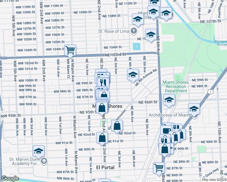 map of restaurants, bars, coffee shops, grocery stores, and more near 276 Northeast 98th Street in Miami Shores