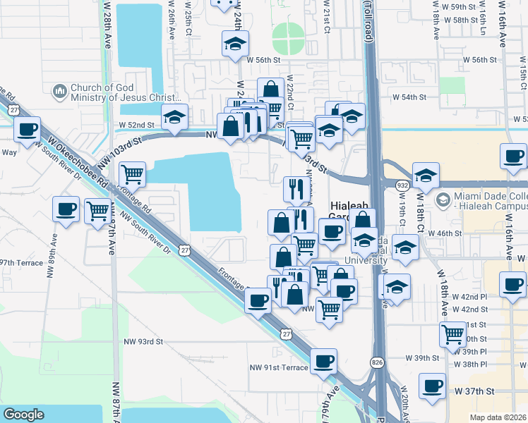 map of restaurants, bars, coffee shops, grocery stores, and more near 9903 Northwest 99th Terrace in Hialeah Gardens