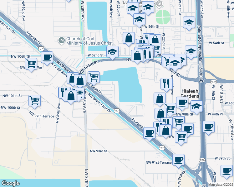 map of restaurants, bars, coffee shops, grocery stores, and more near 9911 West Okeechobee Road in Hialeah Gardens