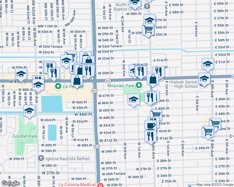 map of restaurants, bars, coffee shops, grocery stores, and more near 261 West 47th Street in Hialeah