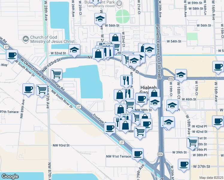 map of restaurants, bars, coffee shops, grocery stores, and more near 9903 Northwest 99th Terrace in Hialeah Gardens