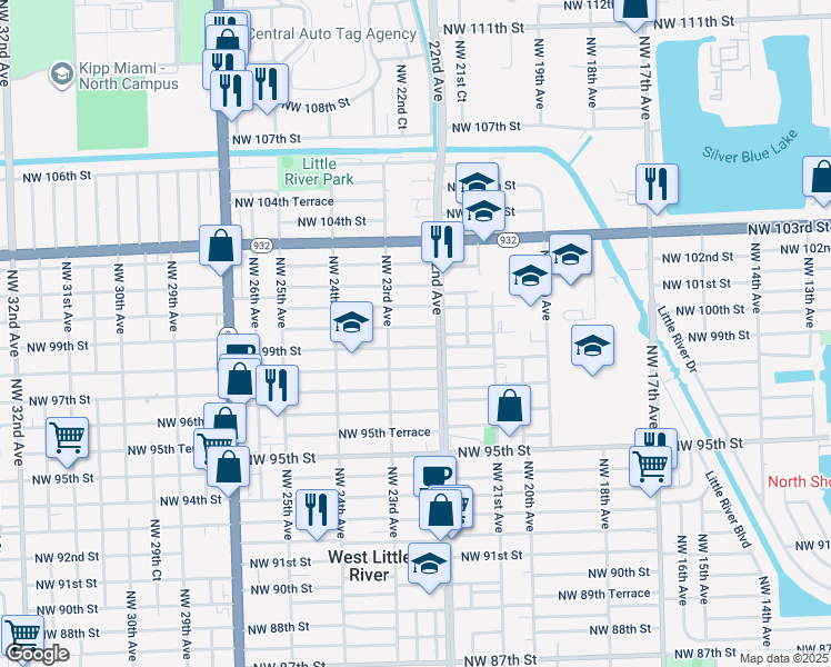 map of restaurants, bars, coffee shops, grocery stores, and more near 2234 Northwest 99th Street in Miami