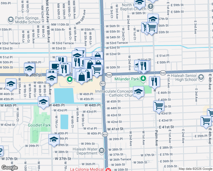 map of restaurants, bars, coffee shops, grocery stores, and more near 4695 West 4th Avenue in Hialeah