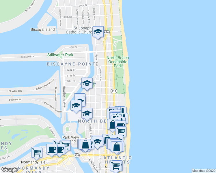 map of restaurants, bars, coffee shops, grocery stores, and more near in Miami Beach