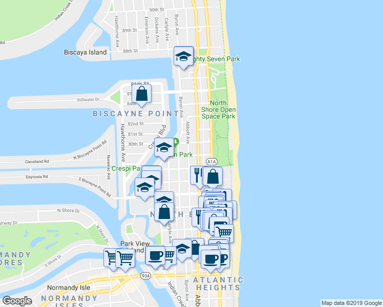 map of restaurants, bars, coffee shops, grocery stores, and more near in Miami Beach