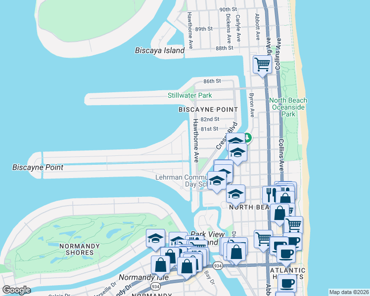 map of restaurants, bars, coffee shops, grocery stores, and more near 1210 Cleveland Road in Miami Beach