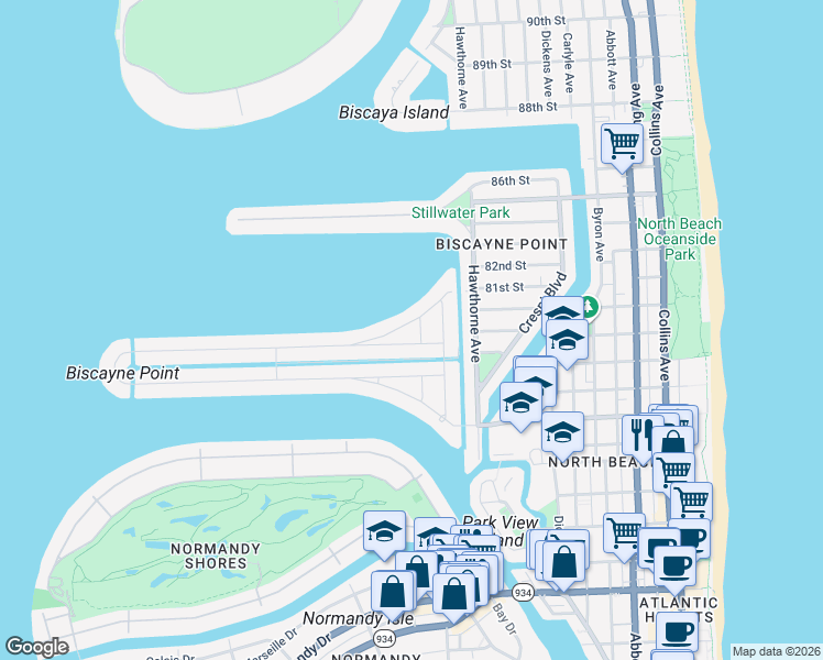 map of restaurants, bars, coffee shops, grocery stores, and more near 1346 Cleveland Road in Miami Beach