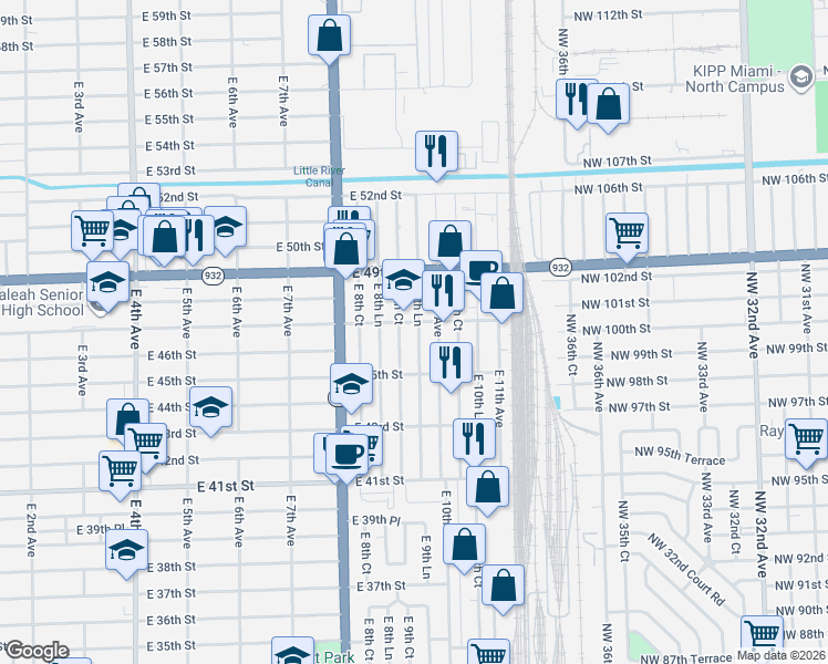 map of restaurants, bars, coffee shops, grocery stores, and more near 4585 East 9th Lane in Hialeah