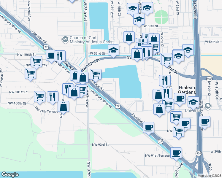map of restaurants, bars, coffee shops, grocery stores, and more near 1551 West Okeechobee Road in Hialeah