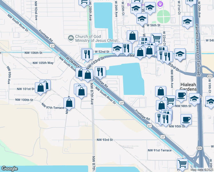 map of restaurants, bars, coffee shops, grocery stores, and more near 9807 West Okeechobee Road in Hialeah Gardens