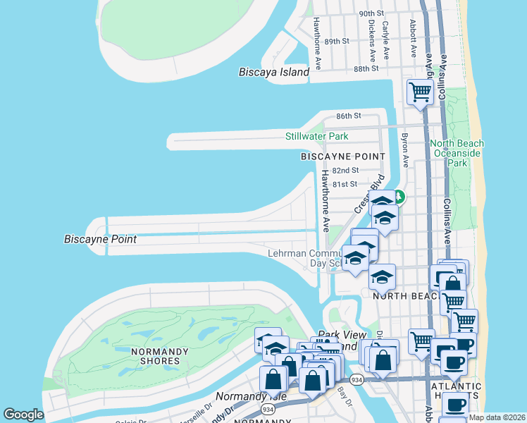 map of restaurants, bars, coffee shops, grocery stores, and more near 1420 Cleveland Road in Miami Beach