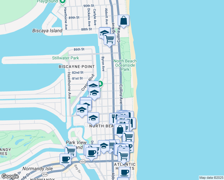 map of restaurants, bars, coffee shops, grocery stores, and more near in Miami Beach