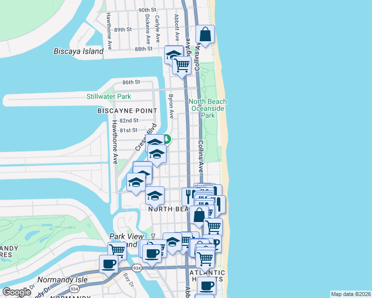 map of restaurants, bars, coffee shops, grocery stores, and more near in Miami Beach
