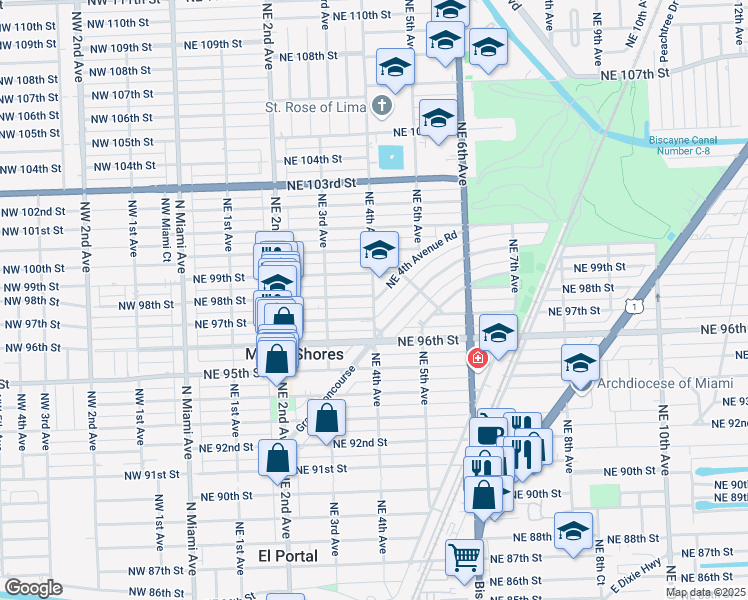 map of restaurants, bars, coffee shops, grocery stores, and more near 8601 Northeast 4th Avenue Road in Miami Shores