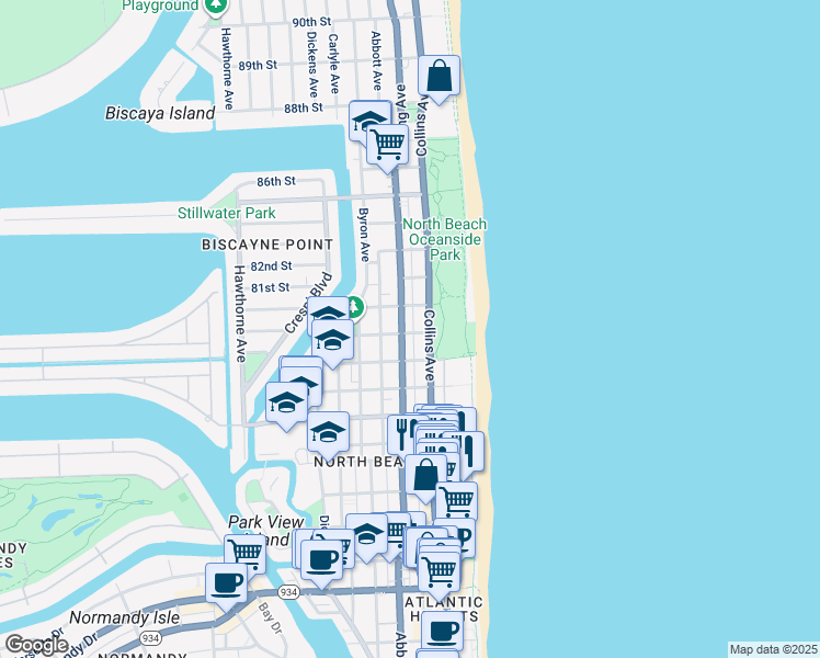 map of restaurants, bars, coffee shops, grocery stores, and more near in Miami Beach