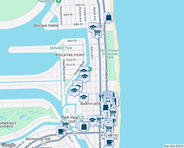 map of restaurants, bars, coffee shops, grocery stores, and more near 7920 Byron Avenue in Miami Beach
