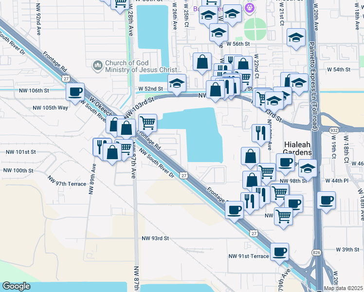 map of restaurants, bars, coffee shops, grocery stores, and more near 9911 West Okeechobee Road in Hialeah Gardens